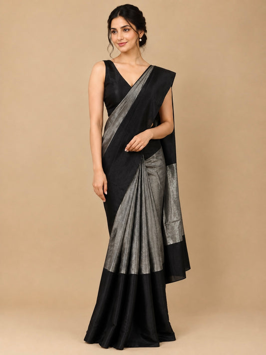 BLACK & SILVER STRIPED CHANDERI TISSUE SAREE WITH MATCHING BLOUSE - Kothari Sons