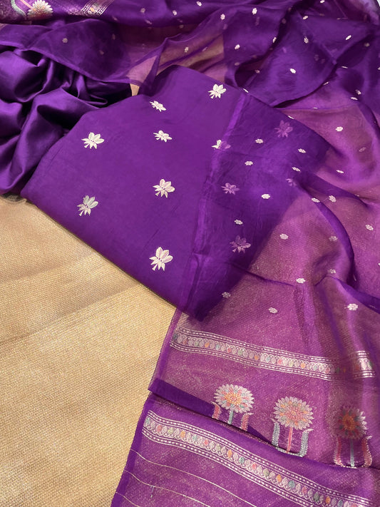 VIOLET PURPLE COLOUR PURE CHANDERI SILK UNSTITCHED SUIT WITH ORGANZA DUPATTA EMBELLISHED WITH ZARI WEAVES