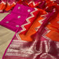 HOT PINK COLOUR PURE SILK UNSTITCHED SUIT WITH ORGANZA DUPATTA EMBELLISHED WITH ZARI WEAVES