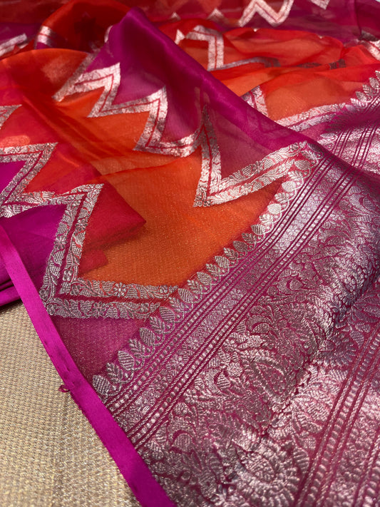 HOT PINK COLOUR PURE SILK UNSTITCHED SUIT WITH ORGANZA DUPATTA EMBELLISHED WITH ZARI WEAVES