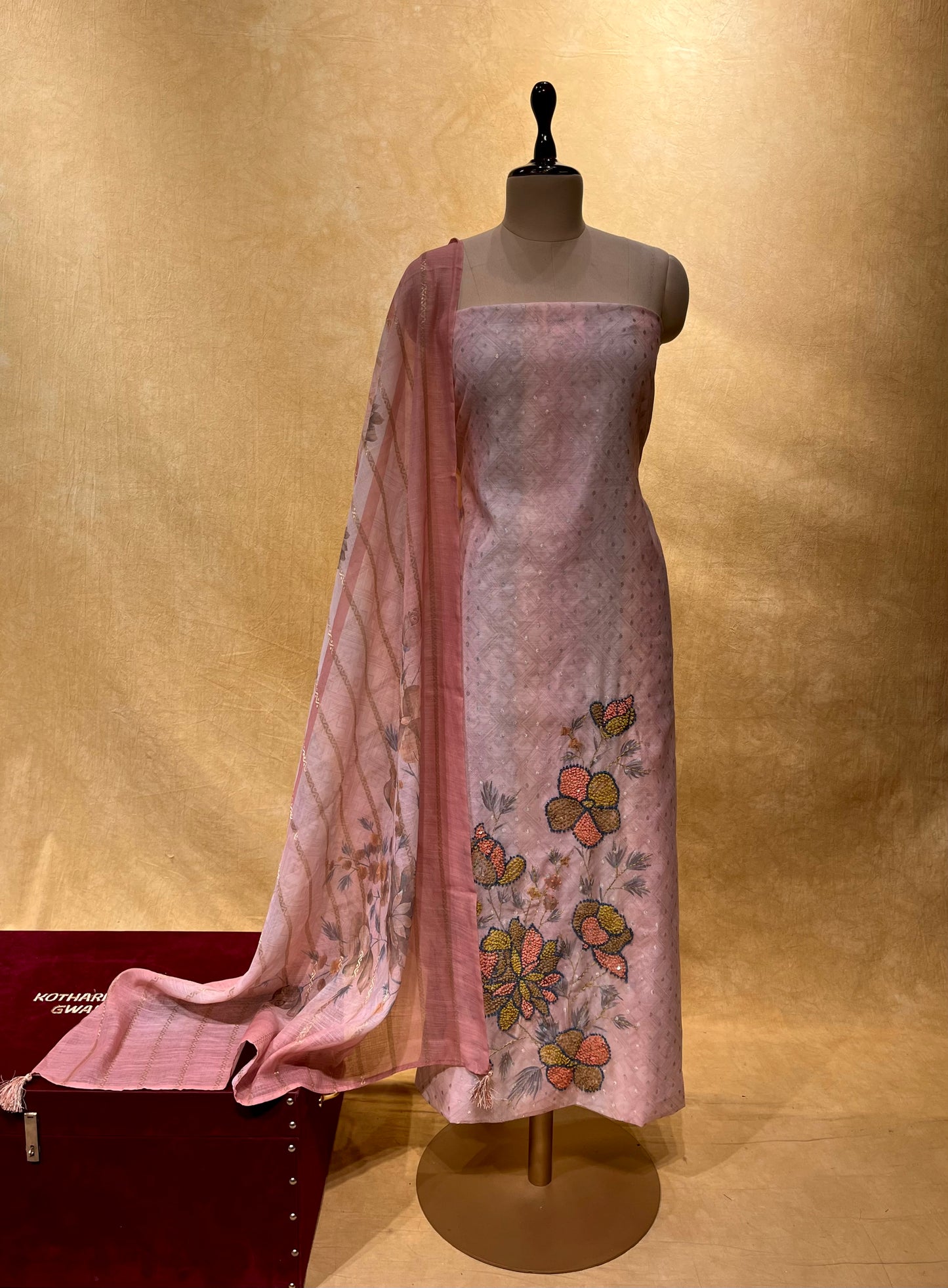 PINK COLOR CHANDERI UNSTITCHED SUIT EMBELLISHED WITH FRENCH KNOT EMBROIDERY