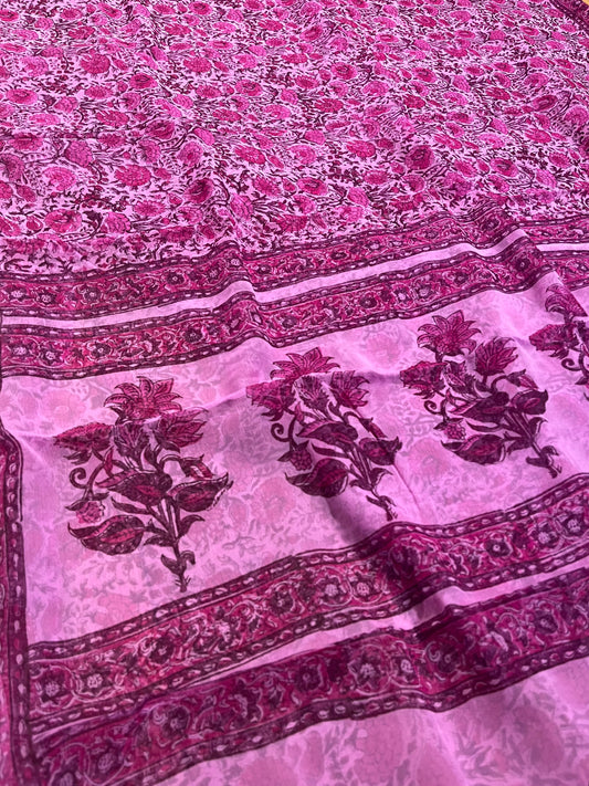 FUCHSIA COLOUR CHIFFON BLOCK FLORAL PRINTED SAREE WITH CHINON BLOUSE