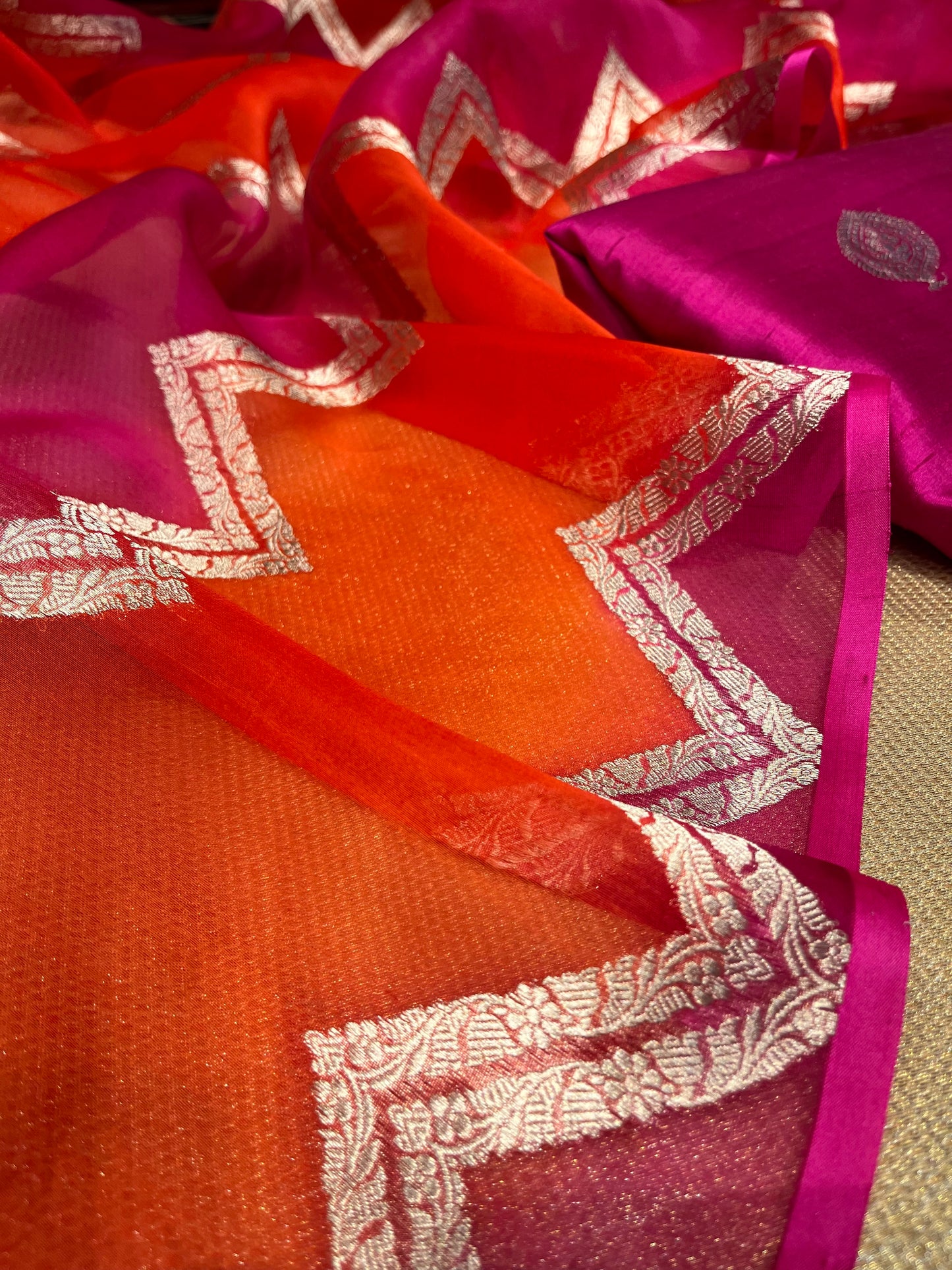 HOT PINK COLOUR PURE SILK UNSTITCHED SUIT WITH ORGANZA DUPATTA EMBELLISHED WITH ZARI WEAVES