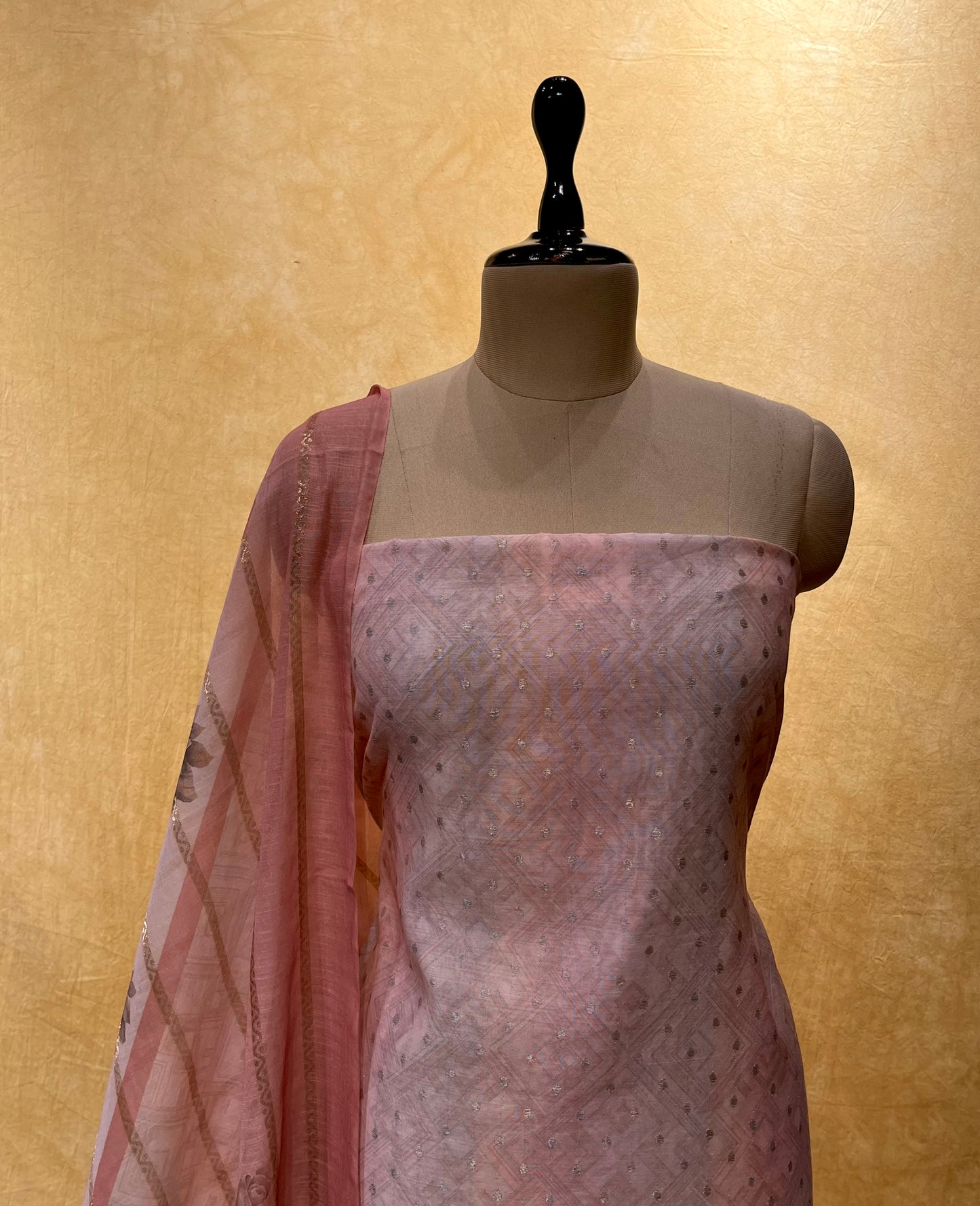 PINK COLOR CHANDERI UNSTITCHED SUIT EMBELLISHED WITH FRENCH KNOT EMBROIDERY