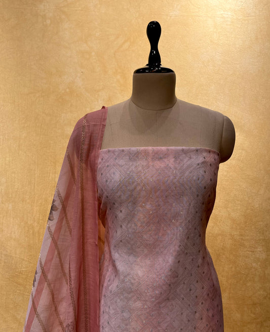 ( DELIVERY IN 25 DAYS ) PINK COLOR CHANDERI UNSTITCHED SUIT EMBELLISHED WITH FRENCH KNOT EMBROIDERY