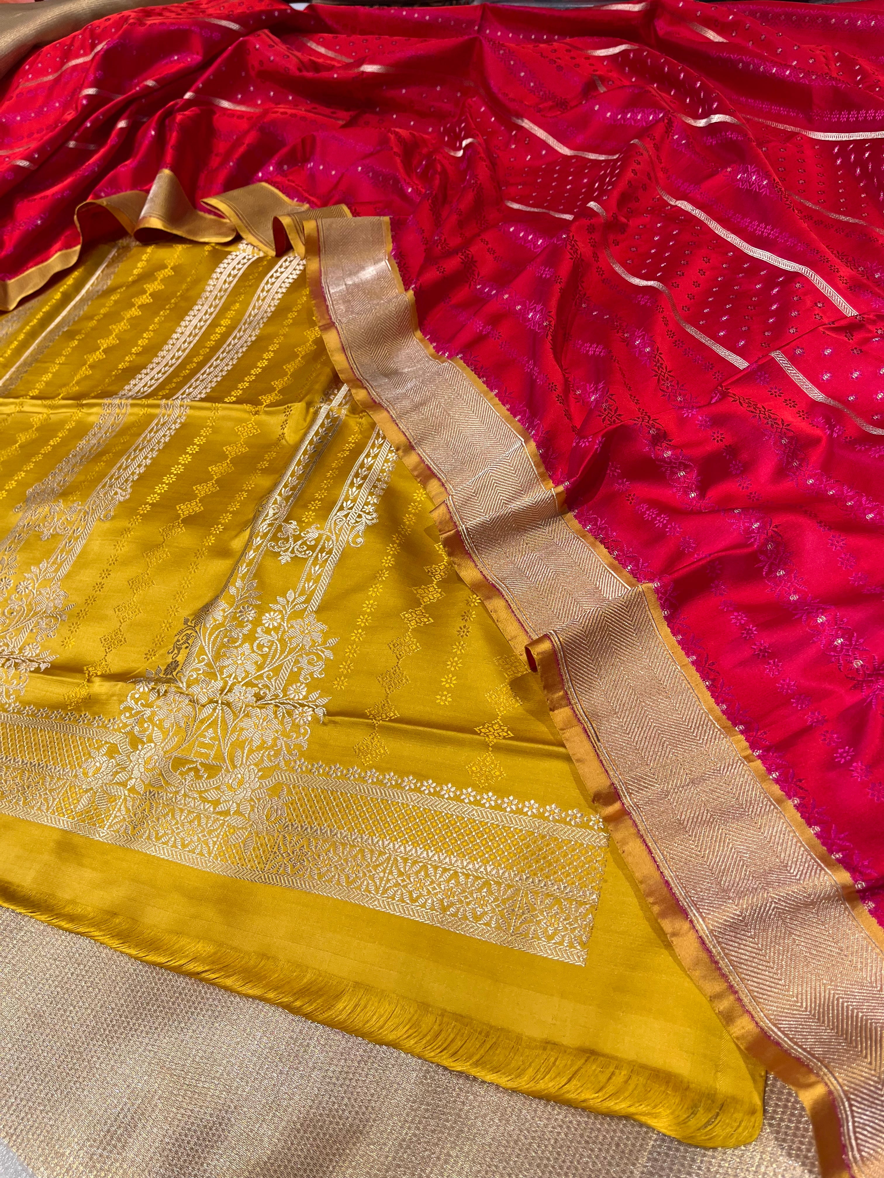 Bright Yellow Banarasi Salwar Suit For Durgapooja|Shop Banarasi Katan Silk  Salwar Suit Online|Jhakhas