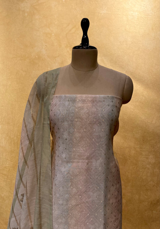 PEACH COLOR CHANDERI UNSTITCHED SUIT EMBELLISHED WITH FRENCH KNOT WORK