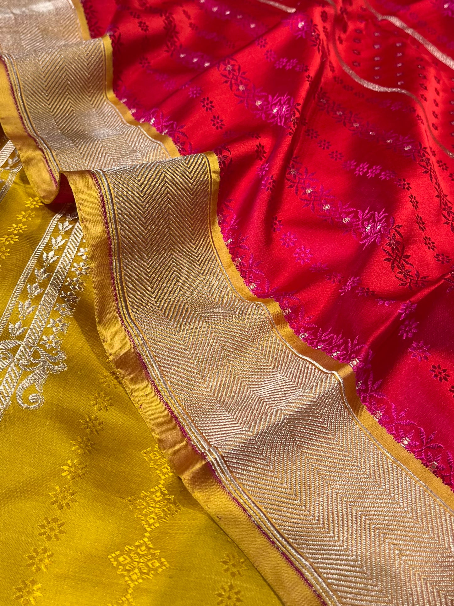 YELLOW COLOUR PURE SILK UNSTITCHED SUIT WITH CONTRAST DUPATTA EMBELLISHED WITH ZARI BORDER