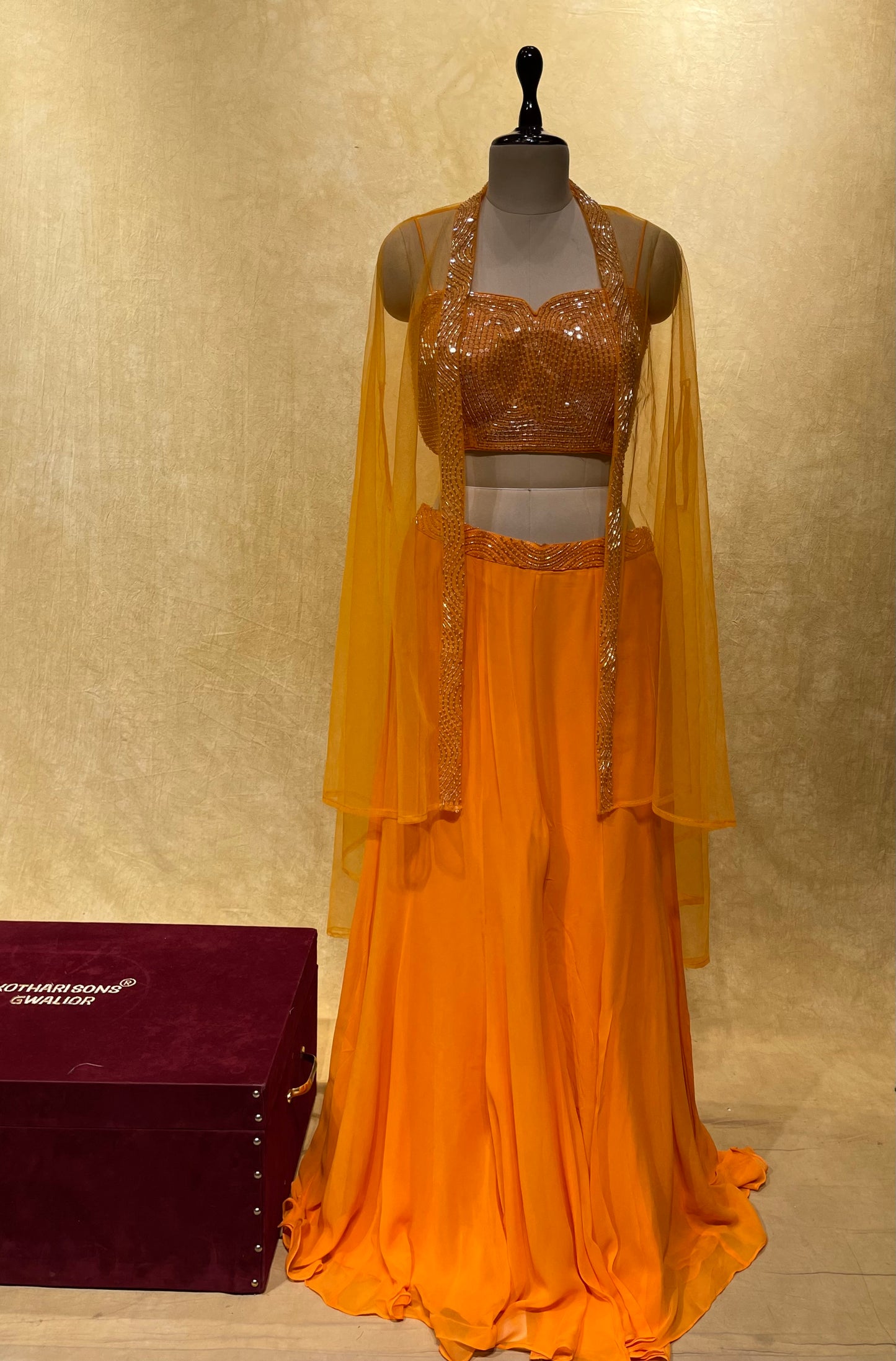 ORANGE COLOUR PALAZZO SET WITH CROP TOP BLOUSE & SHRUG EMBELLISHED WITH SEQUINS & CUTDANA WORK