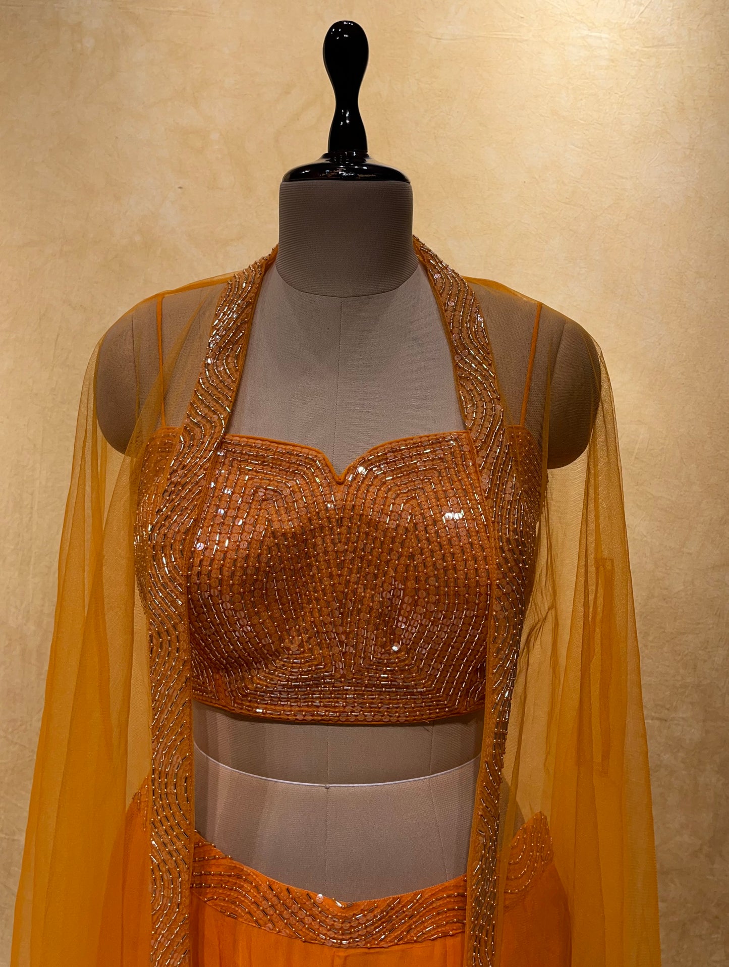 ORANGE COLOUR PALAZZO SET WITH CROP TOP BLOUSE & SHRUG EMBELLISHED WITH SEQUINS & CUTDANA WORK