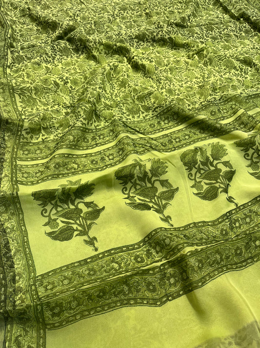 GREEN COLOUR CHIFFON BLOCK FLORAL PRINTED SAREE WITH CHINON BLOUSE