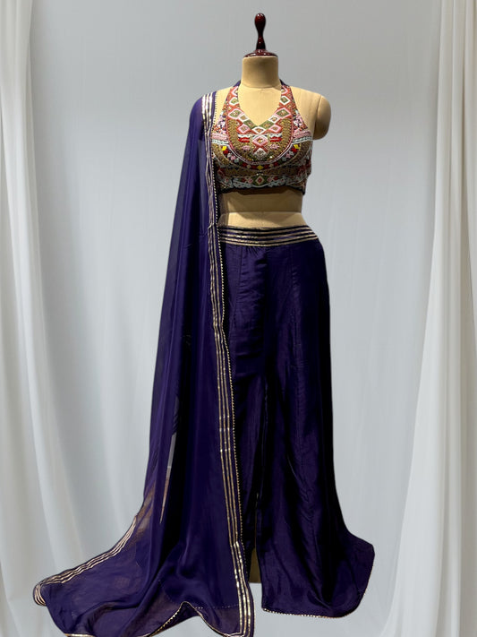 PURPLE COLOUR INDO-WESTERN PALAZZO DRESS WITH CROP TOP BLOUSE & DUPATTA EMBELLISHED WITH ZARI AND PITA WORK