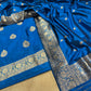 PEACOCK BLUE COLOUR PURE SILK UNSTITCHED SUIT EMBELLISHED WITH ZARI WEAVES