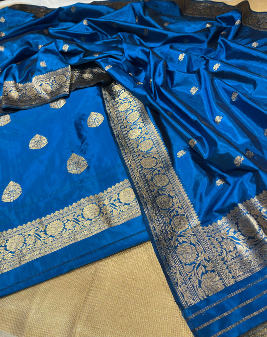 PEACOCK BLUE COLOUR PURE SILK UNSTITCHED SUIT EMBELLISHED WITH ZARI WEAVES