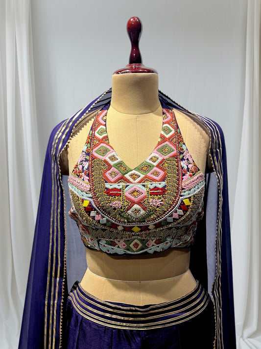 PURPLE COLOUR INDO-WESTERN PALAZZO DRESS WITH CROP TOP BLOUSE & DUPATTA EMBELLISHED WITH ZARI AND PITA WORK