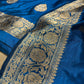 PEACOCK BLUE COLOUR PURE SILK UNSTITCHED SUIT EMBELLISHED WITH ZARI WEAVES