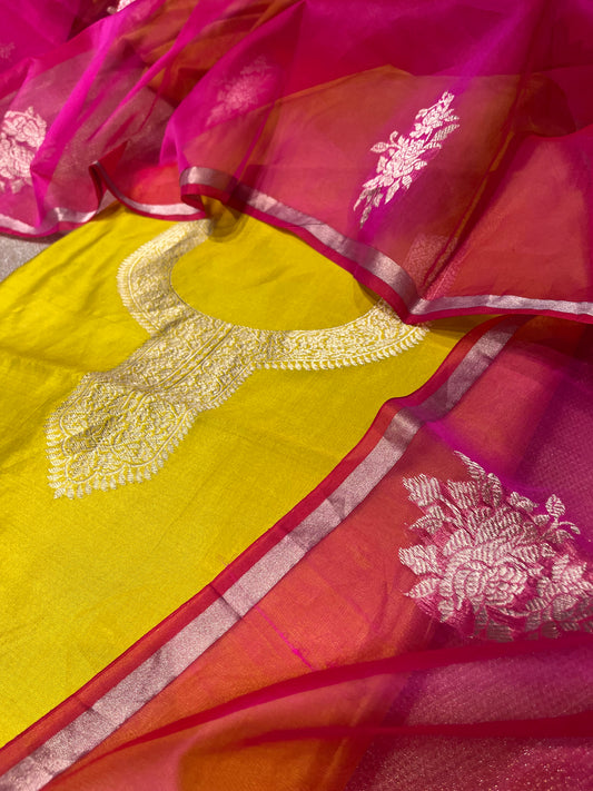 YELLOW COLOUR PURE SILK UNSTITCHED SUIT WITH ORGANZA DUPATTA EMBELLISHED WITH ZARI WEAVES