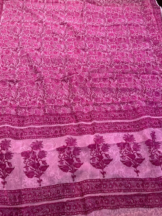 PINK COLOUR CHIFFON BLOCK FLORAL PRINTED SAREE WITH CHINON BLOUSE