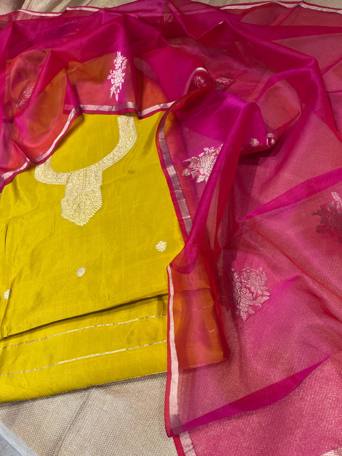YELLOW COLOUR PURE SILK UNSTITCHED SUIT WITH ORGANZA DUPATTA EMBELLISHED WITH ZARI WEAVES
