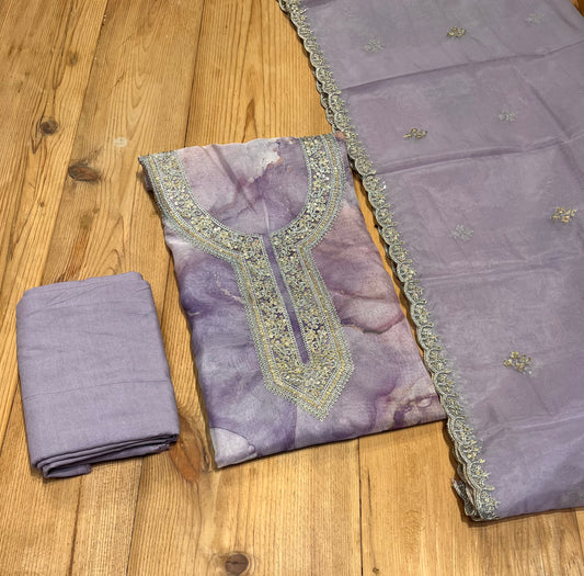 LAVENDER COLOUR ORGANZA UNSTITCHED SUIT EMBELLISHED WITH ZARI WORK