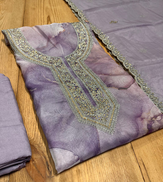 LAVENDER COLOUR ORGANZA UNSTITCHED SUIT EMBELLISHED WITH ZARI WORK