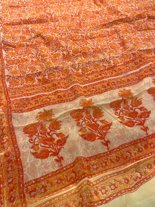 ORANGE COLOUR CHIFFON BLOCK FLORAL PRINTED SAREE WITH CHINON BLOUSE