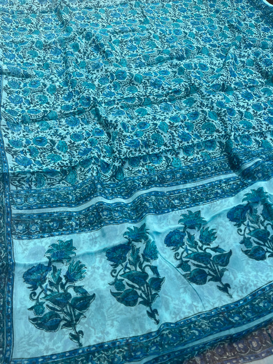 SKY BLUE CHIFFON BLOCK FLORAL PRINTED SAREE WITH CHINON BLOUSE