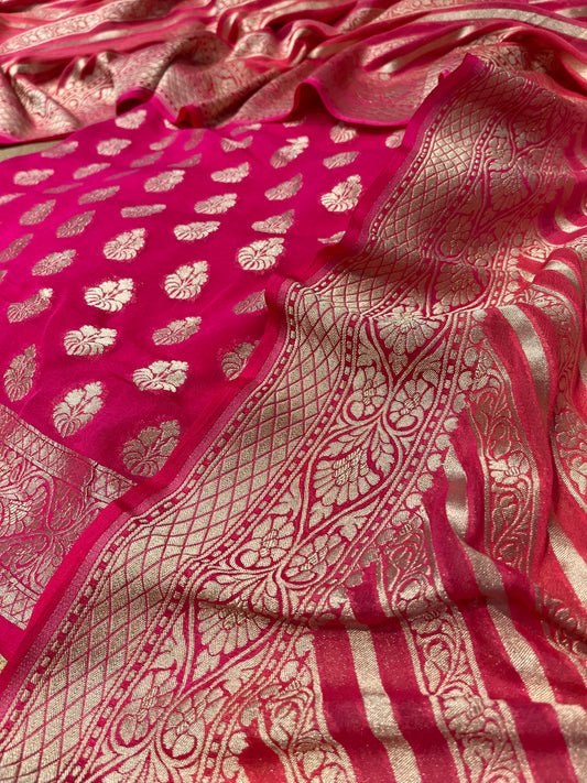 PINK COLOUR PURE GEORGETTE BANARASI UNSTITCHED SUIT WITH RANGKAT DUPATTA EMBELLISHED WITH ZARI WEAVES