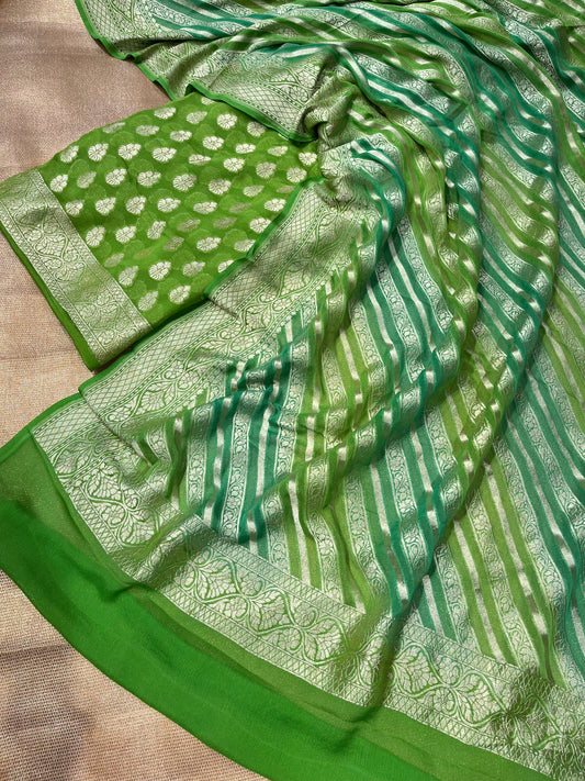 GREEN COLOUR PURE GEORGETTE BANARASI UNSTITCHED SUIT WITH RANGKAT DUPATTA EMBELLISHED WITH ZARI WEAVES