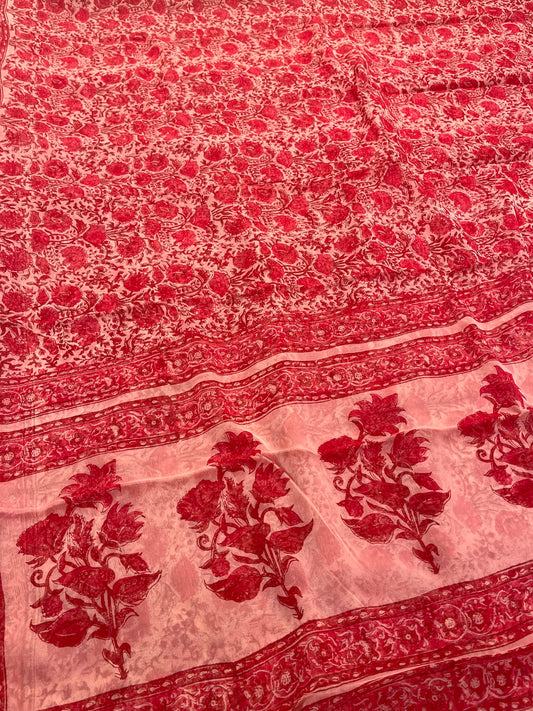 PEACH COLOUR CHIFFON BLOCK FLORAL PRINTED SAREE WITH CHINON BLOUSE