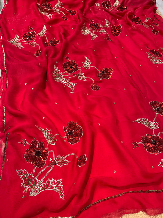 RED COLOUR PURE CHIFFON HAND EMBROIDERED SAREE WITH CREPE BLOUSE EMBELLISHED WITH SEQUINS & AARI WORK