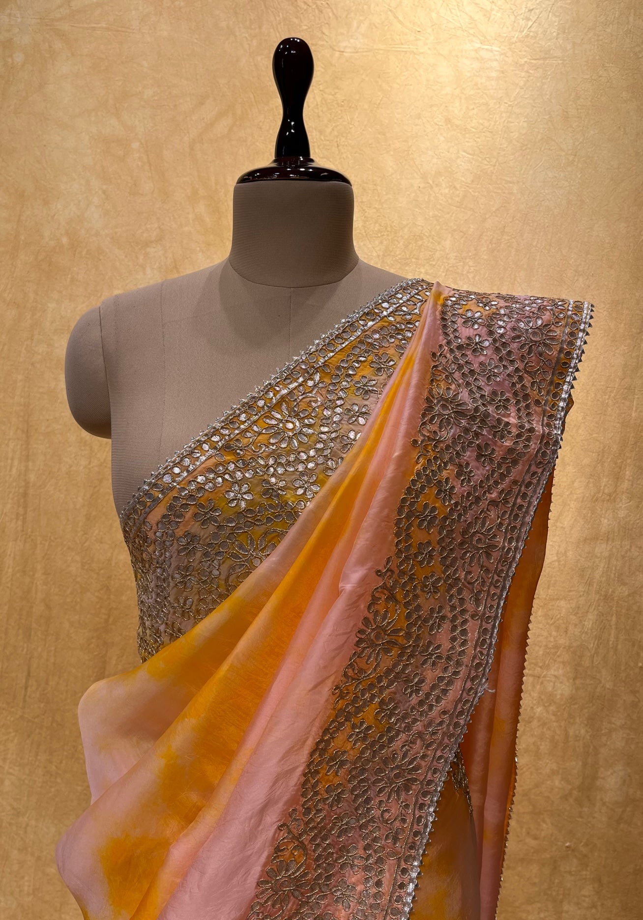 (DELIVERY IN 25 DAYS) PEACH COLOUR ORGANZA TIE-DYE GOTA PATTI WORK SAREE