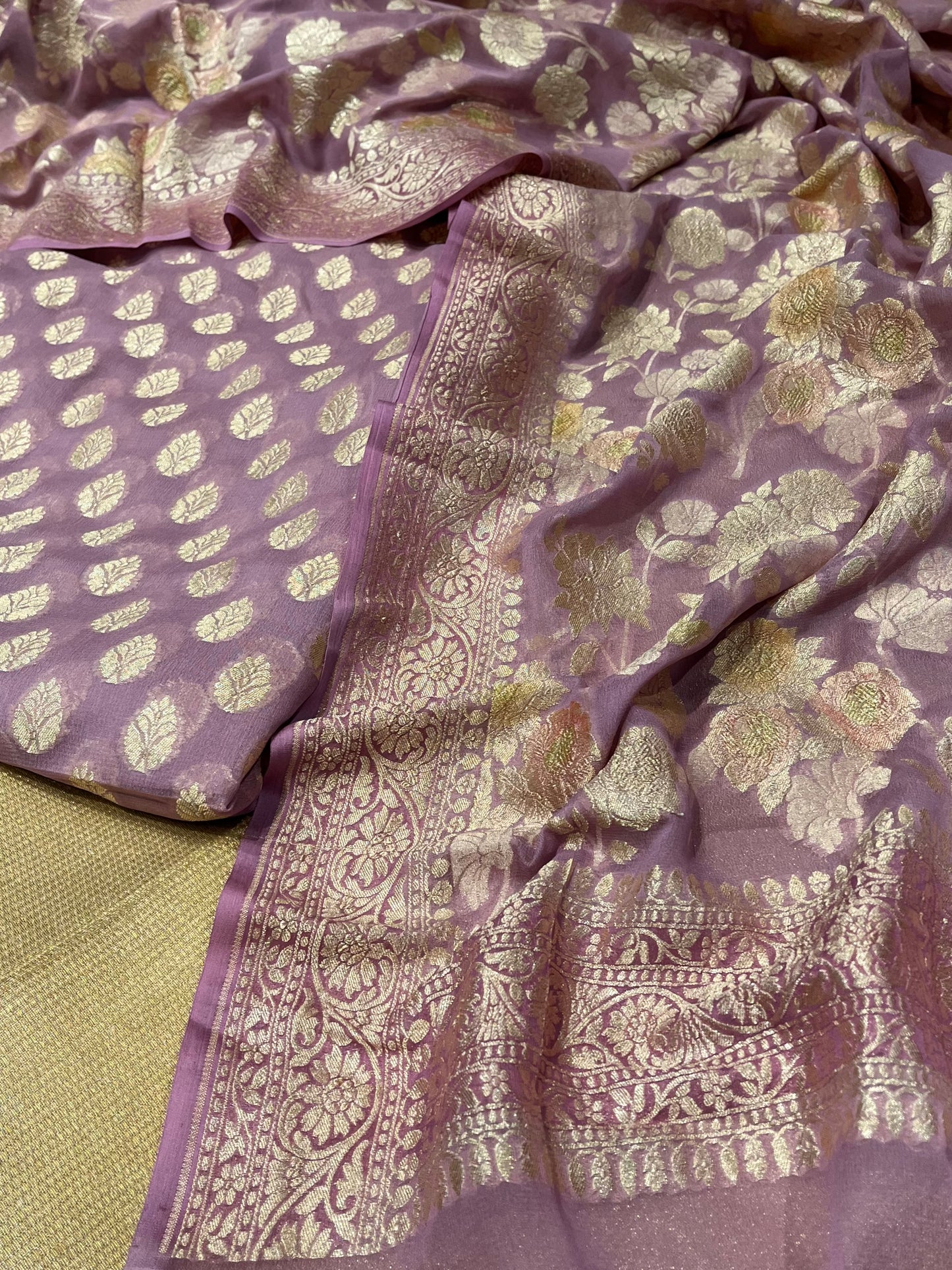 MAUVE COLOUR PURE GEORGETTE BANARASI UNSTITCHED SUIT EMBELLISHED WITH RESHAM WEAVES