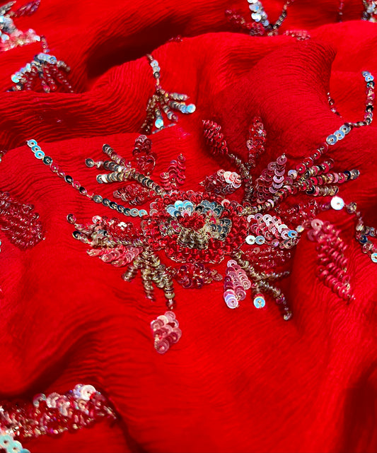 RED COLOUR PURE CHIFFON HAND EMBROIDERED SAREE EMBELLISHED WITH SEQUINS WORK