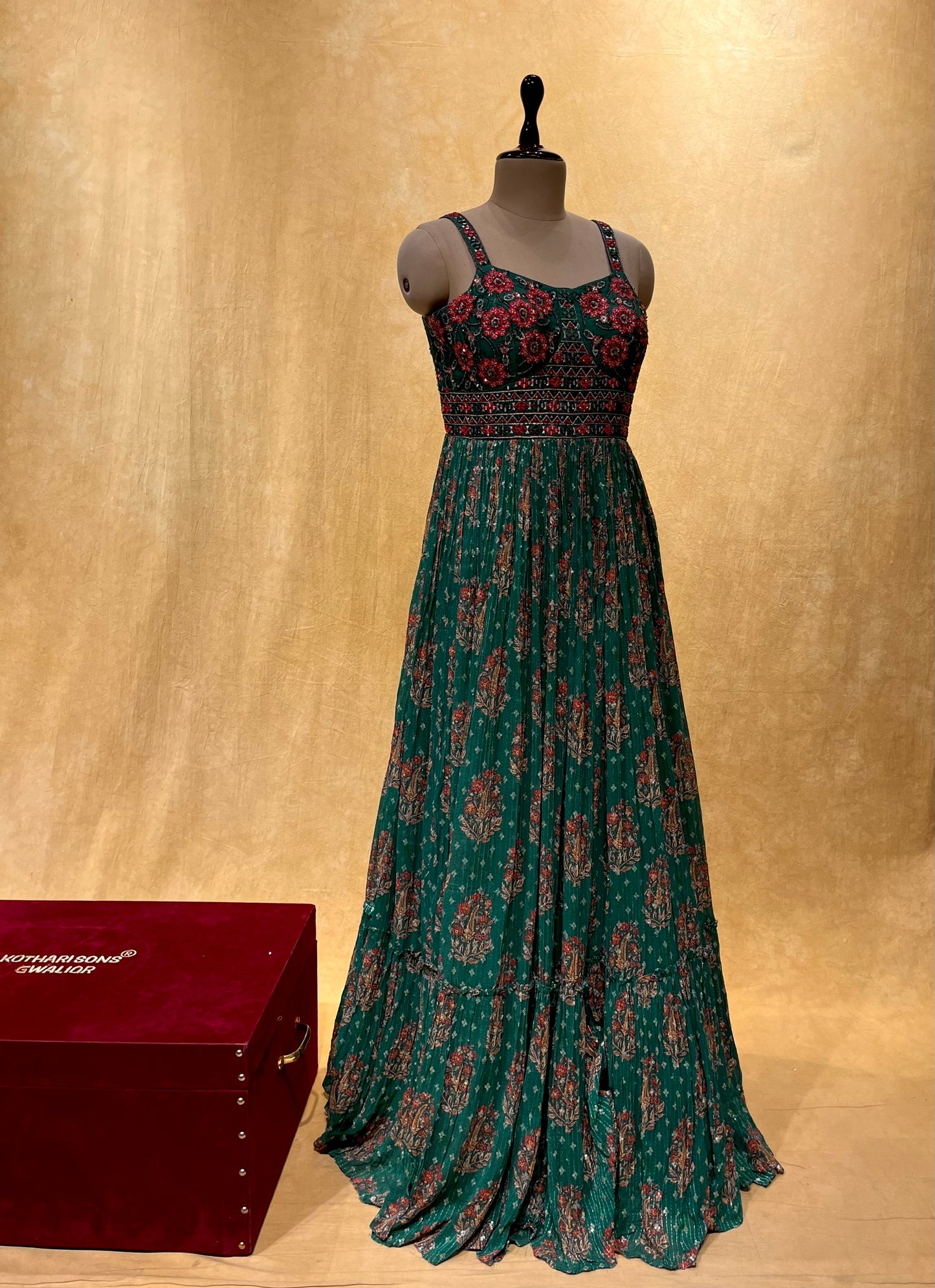 GREEN COLOR CHINON FLORAL PRINTED LONG GOWN EMBELLISHED WITH MIRROR  & RESHAM WORK