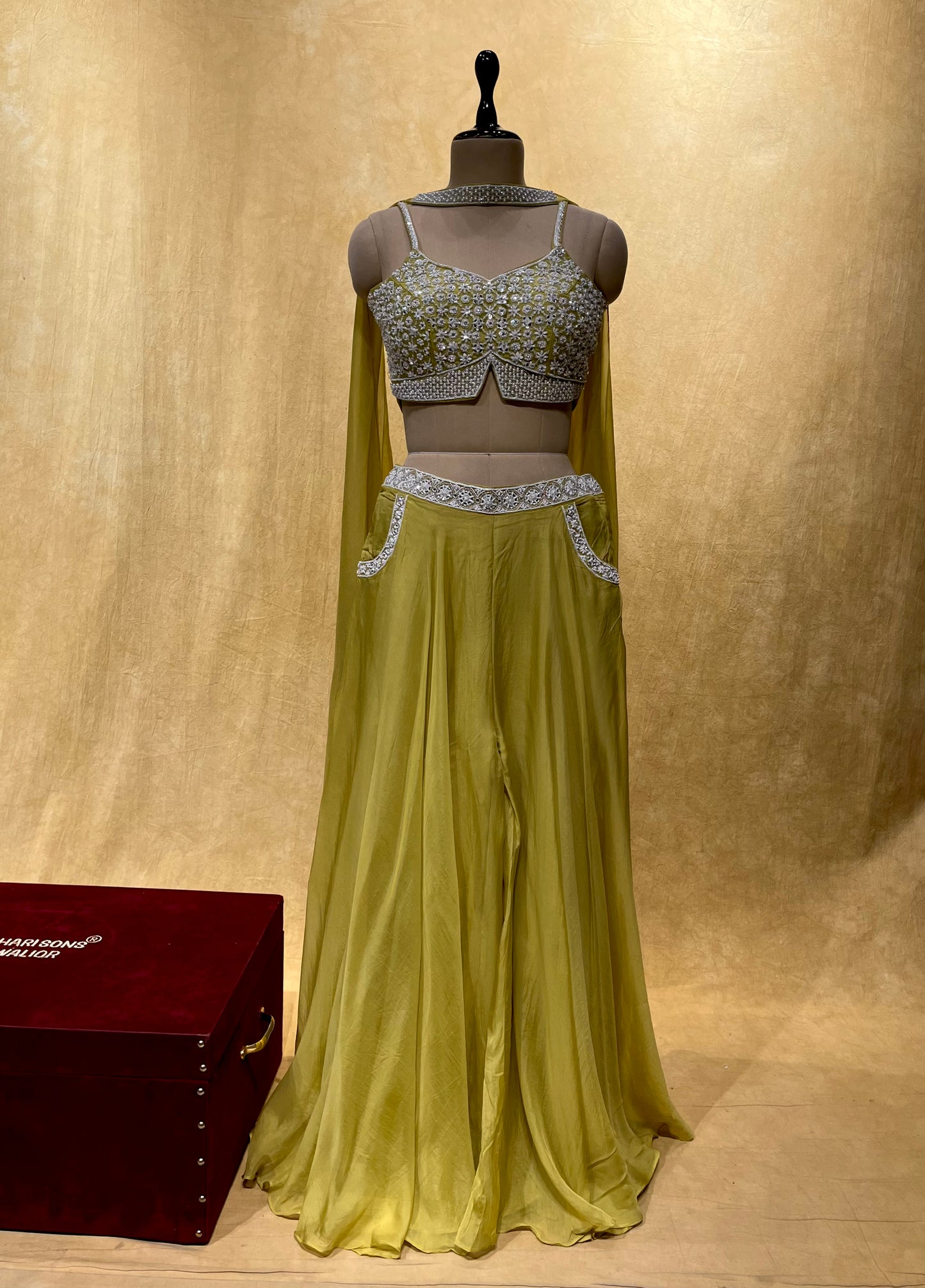 GREEN COLOR ORGANZA PALAZO SET WITH CROP TOP BLOUSE & DUPATTA EMBELLISHED WITH SEQUINS, PEARL & CUTDANA WORK