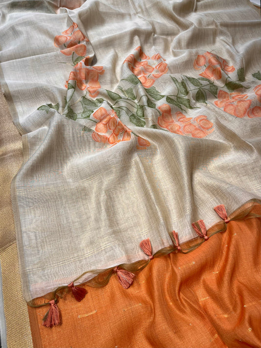 BEIGE COLOUR JAMDANI MUSLIN SAREE WITH CONTRAST BLOUSE