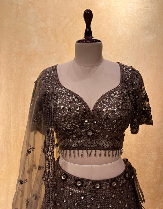 BROWN COLOR SEQUIN EMBROIDERED LEHENGA WITH READYMADE BLOUSE