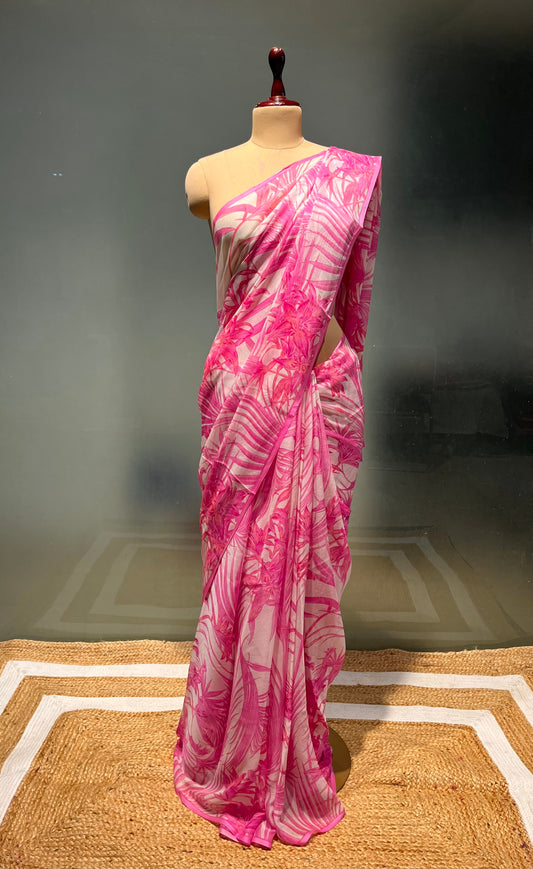 PINK COLOUR CHIFFON PRINTED SAREE WITH CREPE SILK BLOUSE