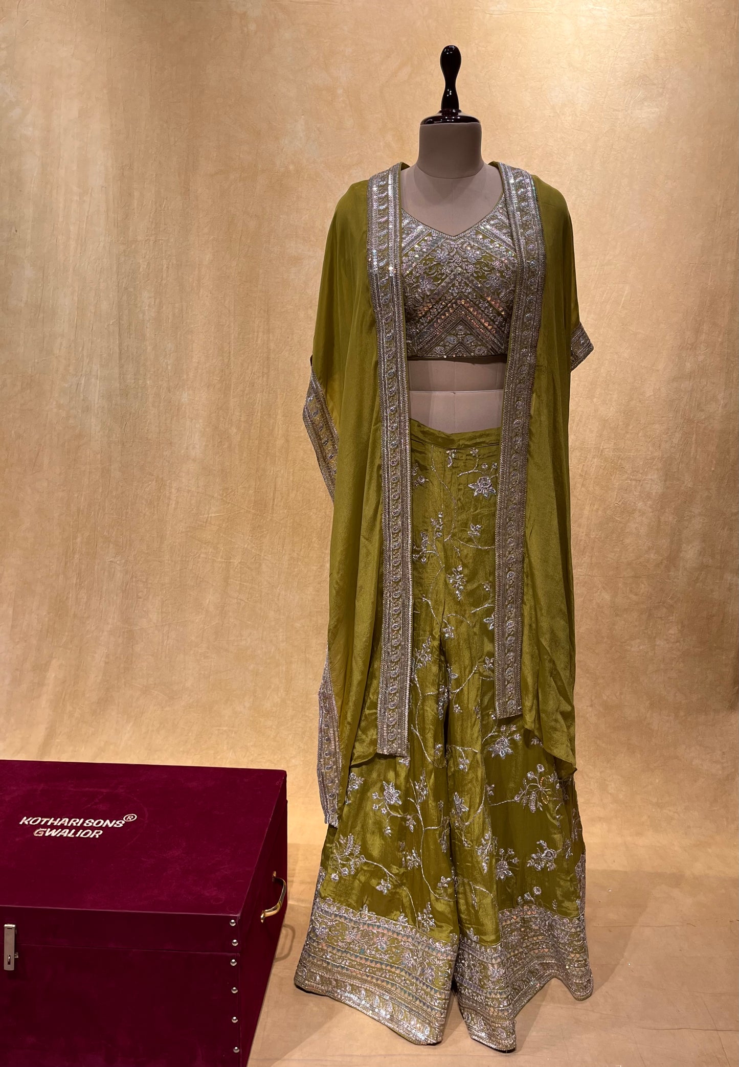 ( DELIVERY IN 25 DAYS ) MEHANDI GREEN COLOUR CHINON PALAZZO PANTS WITH CROP TOP EMBELLISHED WITH ZARI & SEQUINS WORK