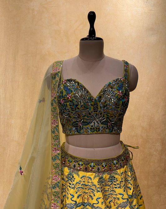 LEMON GREEN COLOR SILK FLORAL LEHENGA WITH HAND EMBROIDERED CROP TOP BLOUSE & ORGANZA DUPATTA EMBELLISHED WITH SEQUINS & RESHAM EMBROIDERY