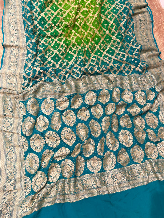 TURQUOISE & GREEN COLOUR SHADED PURE GEORGETTE KHADDI SAREE WITH BANDHANI PRINT EMBELLISHED WITH ANTIQUE ZARI WEAVES