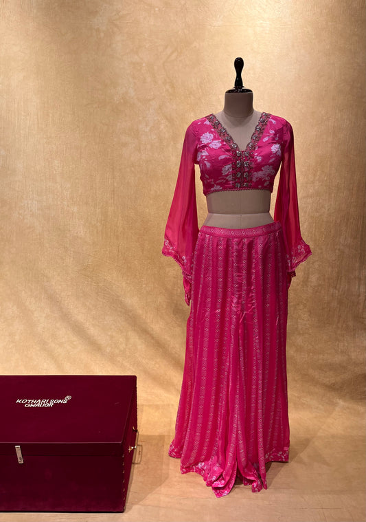 PINK COLOUR MUSLIN SILK PALAZZO WITH CROP TOP BLOUSE EMBELLISHED WITH CUTDANA WORK