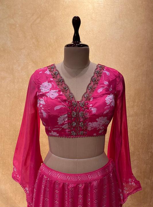 PINK COLOUR MUSLIN SILK PALAZZO WITH CROP TOP BLOUSE EMBELLISHED WITH CUTDANA WORK