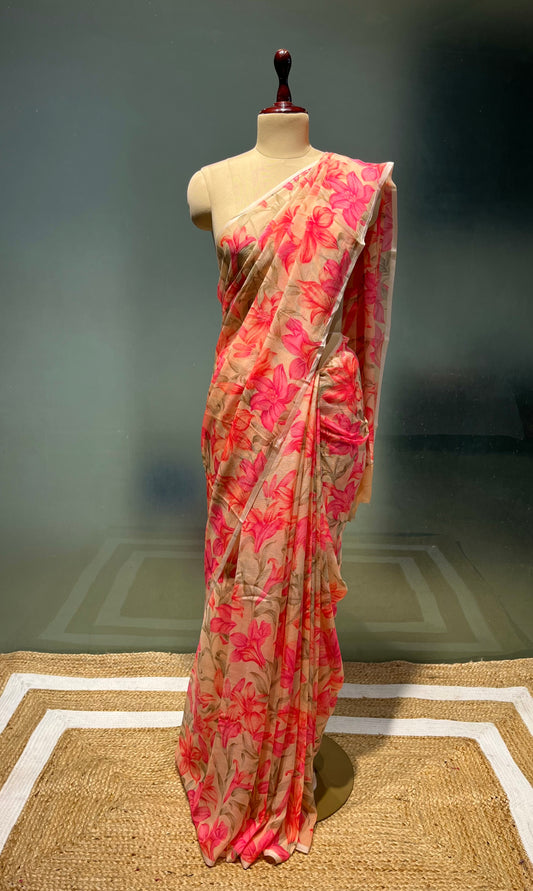 BEIGE COLOUR PURE CHIFFON PRINTED SAREE WITH CREPE SILK BLOUSE