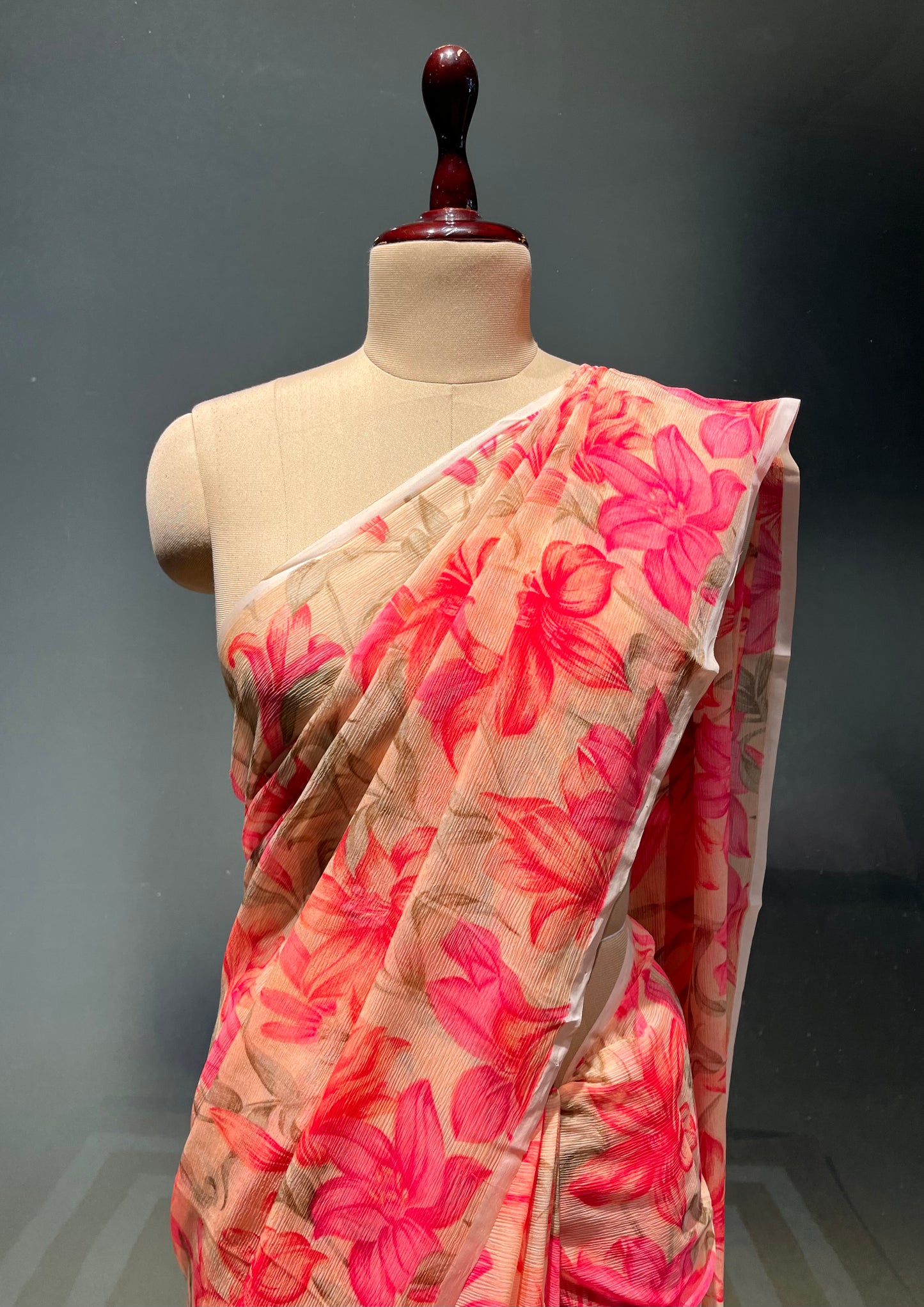 ( DELIVERY IN 25 DAYS ) BEIGE COLOUR PURE CHIFFON PRINTED SAREE WITH CREPE SILK BLOUSE