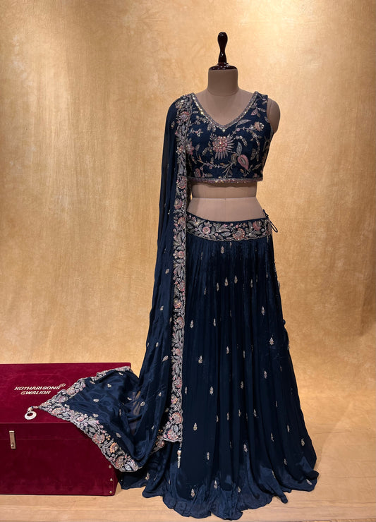 TEAL BLUE COLOR CHINON LEHENGA HAND EMBROIDERED CROP TOP BLOUSE WITH SEQUINS WORK & EMBELLISHED WITH CUTDANA