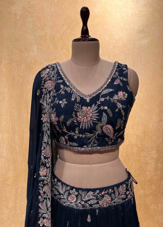 TEAL BLUE COLOR CHINON LEHENGA HAND EMBROIDERED CROP TOP BLOUSE WITH SEQUINS WORK & EMBELLISHED WITH CUTDANA