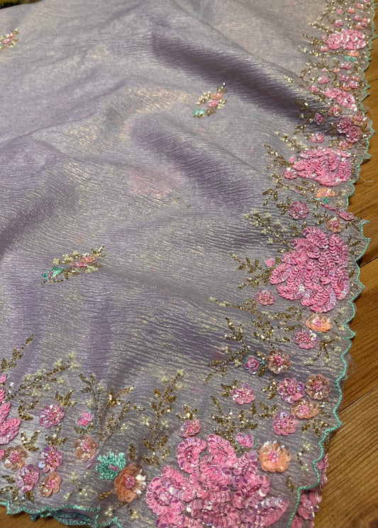 LAVENDER COLOUR CRUSHED TISSUE EMBROIDERED SAREE EMBELLISHED WITH SEQUINS & CUTDANA WORK