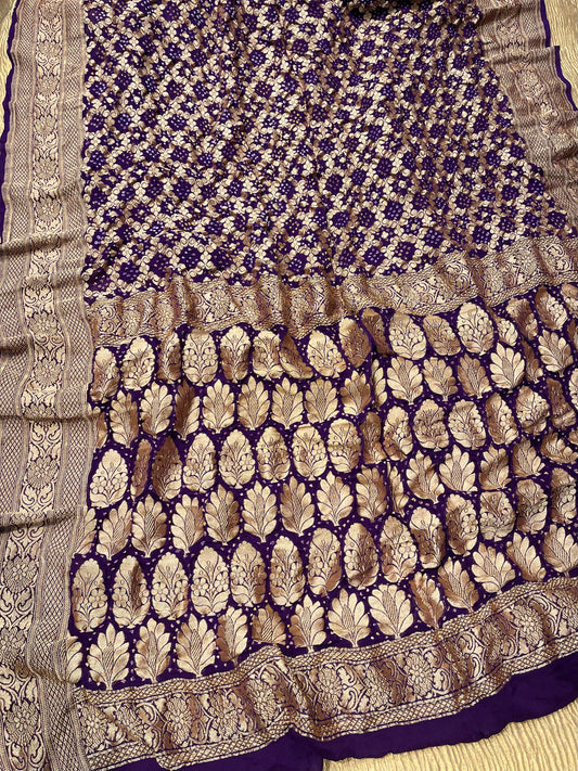 PURPLE COLOUR PURE GEORGETTE KHADDI SAREE WITH BANDHANI PRINT EMBELLISHED WITH ANTIQUE ZARI WEAVES